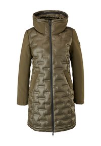 Oliwkowa kurtka z ocieplanym przodem, gładkimi rękawami, wysokim kołnierzem, dwiema kieszeniami bocznymi i pełnym zamkiem błyskawicznym. Teksturowany pikowany wzór.