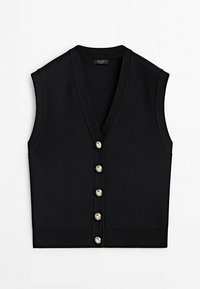 Mustakasta hihaton kardigan syvällä V-päällä, seitsemällä koristeellisella hopeisella napilla edessä ja ribatulla helmalla.