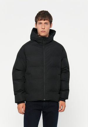 Black puffer jacket with a high neck and adjustable hood. Features a front zipper and side pockets, made from a smooth, lightweight material.