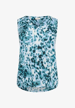 Ärmelloses Oberteil aus leichtem Stoff mit einem blauen und türkisfarbenen Tierdruck. V-Ausschnitt-Design mit leicht abgerundetem Saum und lockerer Passform.