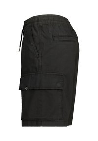 Mustat cargo-shortsit, jotka on valmistettu kestävästä kankaasta. Niissä on joustava vyötärö, sivutasku ja läpällinen tasku reidessä.