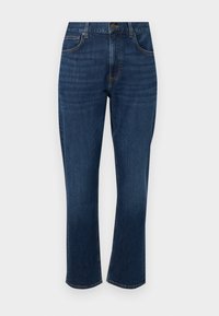 Dunkelblaue Jeans aus Denim mit geradem Bein, fünf Taschen, dezenten gestickten Details und einem Knopfverschluss vorne.