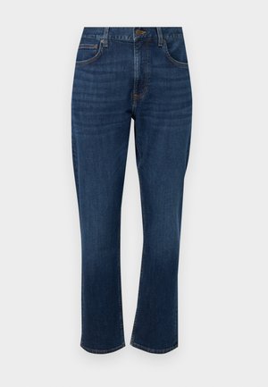 Tummansininen farkkuhousut suoran lahkeen leikkauksella, viisi taskua, hillityt ompeluyksityiskohdat ja etupainike.