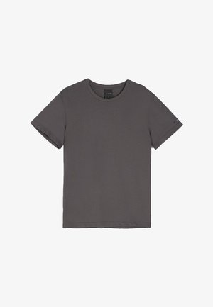 Szary bawełnowy t-shirt z okrągłym dekoltem, krótkimi rękawami, prostym dołem i minimalistycznym wzornictwem. Brak widocznych wzorów lub ozdób.