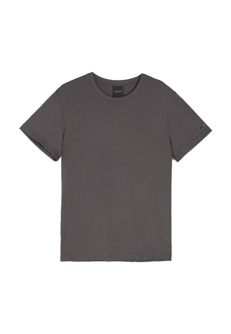 Szary bawełnowy t-shirt z okrągłym dekoltem, krótkimi rękawami, prostym dołem i minimalistycznym wzornictwem. Brak widocznych wzorów lub ozdób.