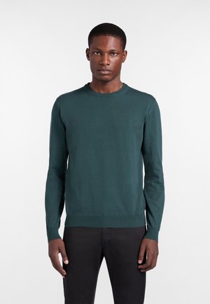 Uomo che indossa un maglione a maniche lunghe verde scuro e pantaloni neri, in piedi davanti a uno sfondo bianco uniforme, con il volto rivolto in avanti.