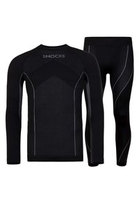 Zwarte thermische longsleeve top en leggings, met textuurpanelen en witte stiksels, ontworpen voor actieve kleding met een getailleerde pasvorm.