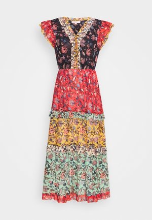 Maxiklänning med V-ringning och korta volangärmar. Har ett blommönster i röd, svart, gul och mintgrön med lager av volanger.