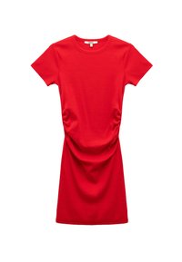 Abito rosso a maniche corte realizzato in tessuto a coste, silhouette con dettagli arricciati in vita e orlo dritto.