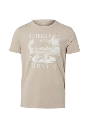 Beiges T-Shirt mit kurzen Ärmeln und einem weißen Vintage-Design der Monaco Riviera Race mit einem Formel-1-Auto und Palmen.