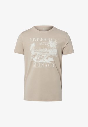 Beżowa koszulka z krótkim rękawem z białą, vintage'ową grafiką Monaco Riviera Race przedstawiającą samochód Formuły 1 i palmy.