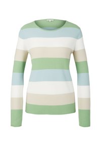 Gestreifter langärmeliger Pullover in grünen, hellblauen, weißen und beigen Farbtönen. Verfügt über einen Rundhalsausschnitt und eine strukturierte Strickkonstruktion.