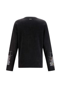Zwart sweater met lange mouwen, voorzien van ingewikkelde geborduurde ontwerpen op de mouwen. Gemaakt van gestructureerde stof met een comfortabele pasvorm.