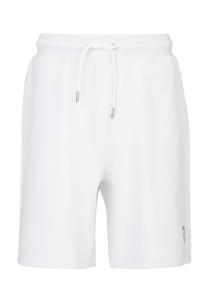 Weiße Freizeithose mit Kordelzug in der Taille und Seitentaschen, mit einem kleinen Logopatch nahe dem Saum am rechten Bein.