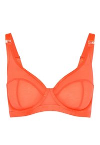 Ljusorange underwire-bh gjord av genomskinligt meshmaterial med breda axelremmar och dekorativa metallaccenter på axelremmarna.