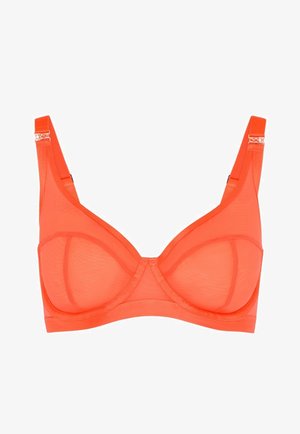 Heldere oranje onderkleding beha gemaakt van doorschijnende gaasstof met brede bandjes en decoratieve hardwareaccenten op de schouderbandjes.