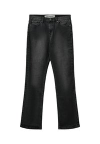 Vaqueros de mezclilla negra con corte recto. Las características incluyen cinco bolsillos, cierre de cremallera y una textura ligeramente descolorida.