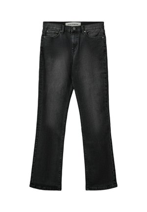 Čierne džínsy z denimu so strihom rovného nohavice. Medzi vlastnosti patrí päť vreciek, zips a jemne popraskaná textúra.