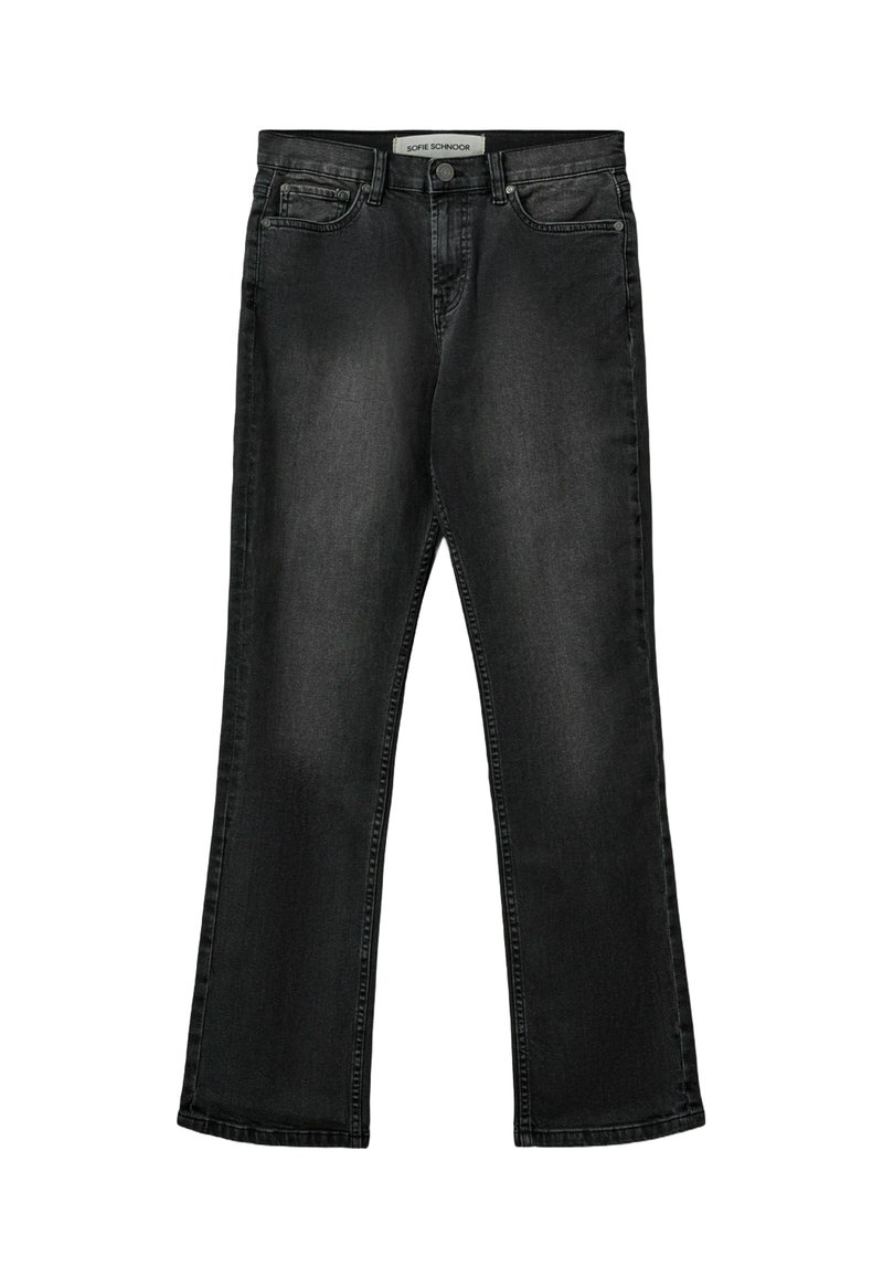 Vaqueros de mezclilla negra con corte recto. Las características incluyen cinco bolsillos, cierre de cremallera y una textura ligeramente descolorida.