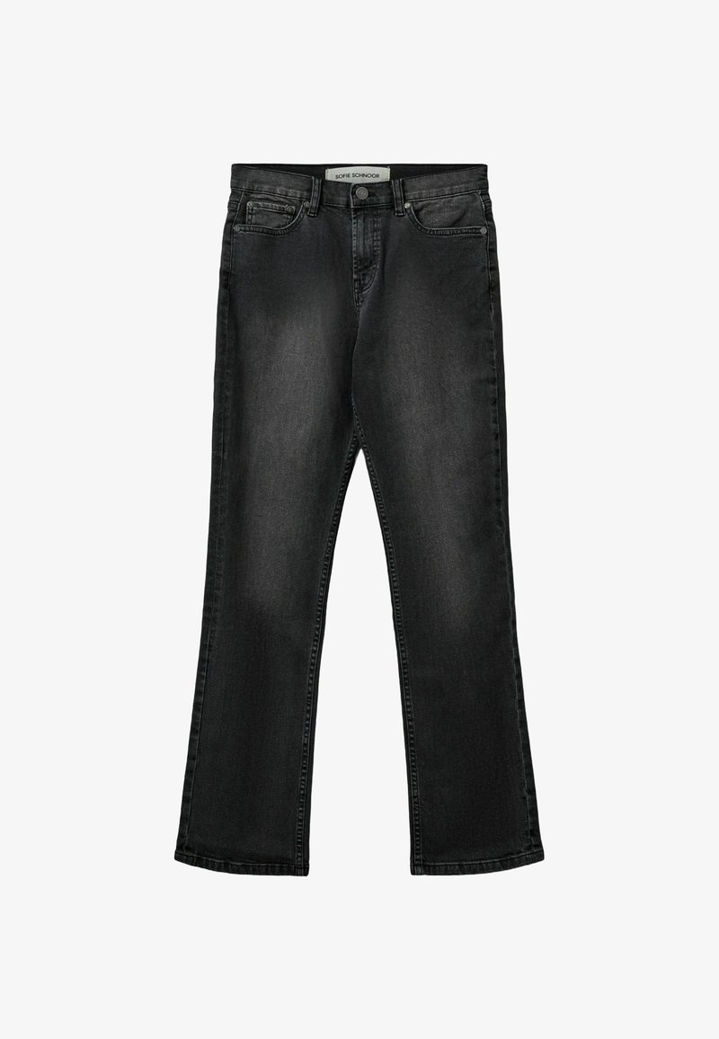 Vaqueros de mezclilla negra con corte recto. Las características incluyen cinco bolsillos, cierre de cremallera y una textura ligeramente descolorida.