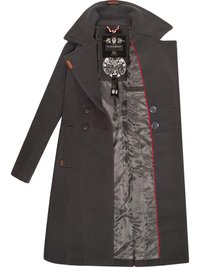 Manteau gris à double boutonnage, grand col et doublure rouge contrastante. Il possède deux boutons et des poches latérales.