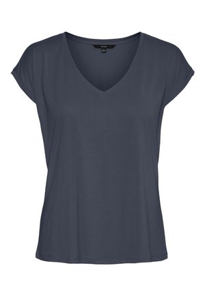 Tummaharmaa lyhythihainen naisten V-aukko t-paita, jossa rento istuvuus ja hieman lasketut olkapäät, esitetty tasaisena valkoisella taustalla.