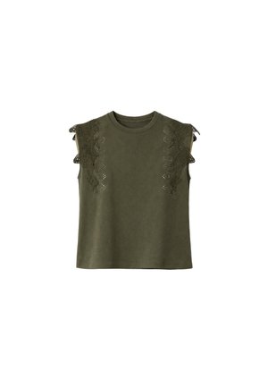 Sleeveless olive green top with round neckline and lace detailing along shoulders and upper chest on both sides.