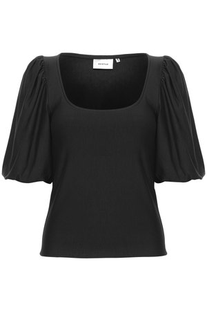 Juodas prigludęs topas su kvadratiniu iškirpimu ir pūstomis trumpomis rankovėmis. Pagamintas iš minkštos medžiagos, turi lygų paviršių ir jokios matomos tekstūros.