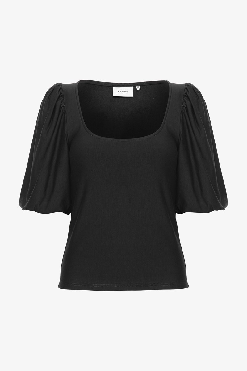 Top nero aderente con scollatura quadrata e maniche corte a sbuffo. Realizzato in tessuto morbido, presenta una texture liscia e senza motivi visibili.