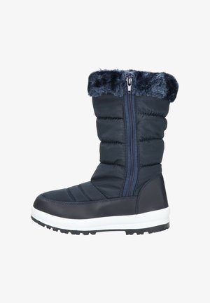 Marineblauwe waterdichte winterlaars met een puffed, gestikte design, nepbont kraag en een witte rubberen zool. Voorzien van een zijrits voor gemakkelijk aan- en uittrekken.