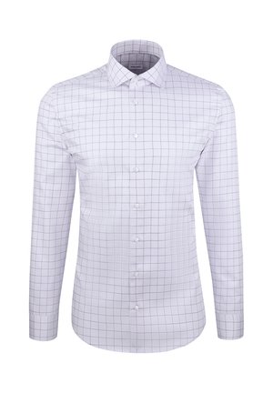 Weißes Langarmhemd mit Karomuster in Grau, mit Button-Down-Kragen und durchgehenden Knöpfen, aus einem glatten Stoff gefertigt.