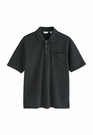 Black polo shirt made from cotton, featuring a collared neckline, three button closure, short sleeves, and a chest pocket.