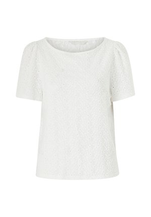 Top corto de manga corta en blanco, hecho de una tela texturizada con bordado de ojal, que cuenta con un escote redondeado y mangas ligeramente abullonadas.