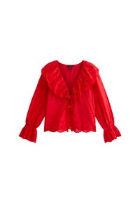 Blouse rouge avec des manches évasées, un profond décolleté en V et un col à volants. Présente des motifs floraux brodés et un ourlet festonné.