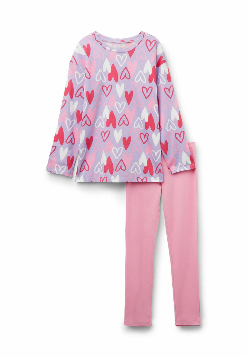 Pajama-Set in Pink und Flieder, bestehend aus einem Langarmoberteil mit Herzmustern und passenden einfarbigen pinken Leggings. Weicher Stoff, lockere Passform.