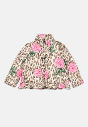 Padded jacket with a leopard print pattern, featuring large pink rose appliqués, a ruffled front, and a high collar.