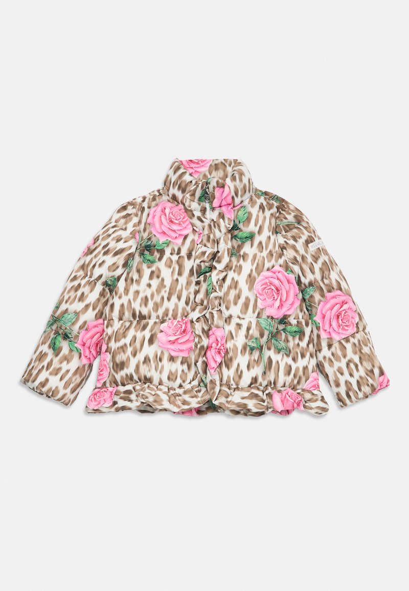 Polstret jakke med leopardmønster, med store applikasjoner av rosa roser, en volangfront og høy krage.