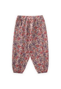 Hose mit floralem Druck und elastischem Bund, die einen Mix aus rosa, lila und orangefarbenen Blumen auf einem hellen Hintergrund zeigt. Mit umgeschlagenen Knöcheln.
