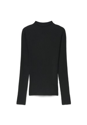 Top nero a manica lunga in maglia costina con collo alto rotondo, vestibilità slim e texture liscia su sfondo bianco.