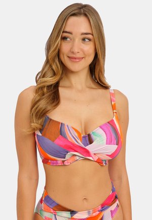 Multikleurige bikini-top met gedraaide voorkant. Beschikt over levendige patronen in roze, oranje en paars. Verstelbare bandjes met gouden hardware-accenten.