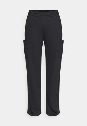 Black sweatpants with an elastic waistband, two side pockets, and a relaxed fit. Made of soft, stretchy material, featuring minimal texture.