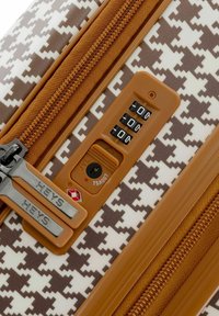 Braun-weißer Hahnentritt-Muster Hartschalenkoffer mit doppelten Reißverschlüssen, Kombinationsschloss und glatter Oberfläche.