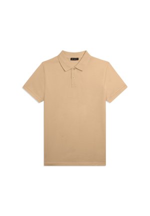 Polo beige a maniche corte con colletto e pattina con due bottoni, mostrato su sfondo bianco.