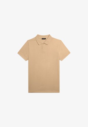 Polo beige a maniche corte con colletto e pattina con due bottoni, mostrato su sfondo bianco.