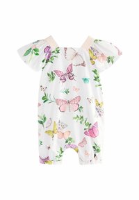 Romper a maniche a campana in tessuto bianco con stampa colorata di farfalle e fiori. Dotato di aperture elastiche per le gambe e spalline.