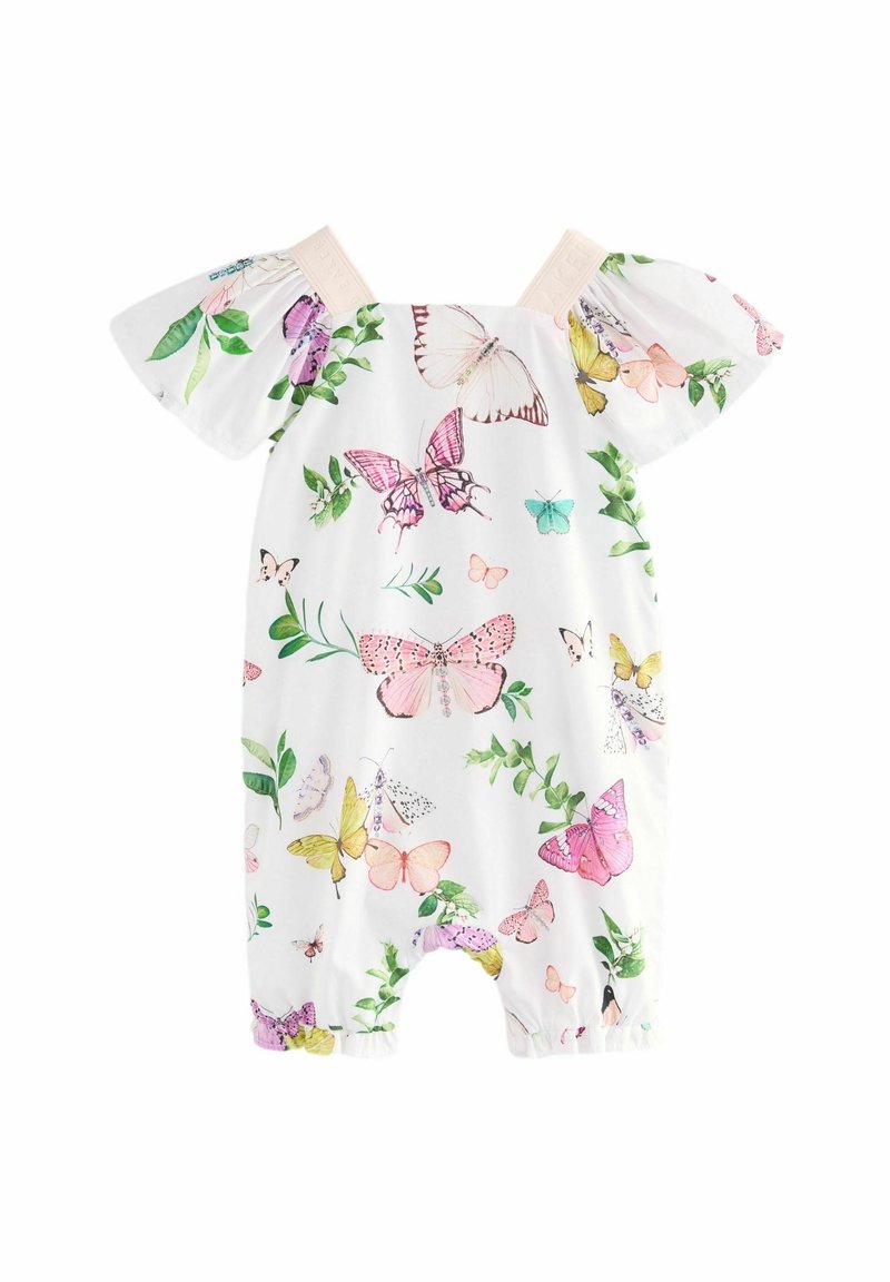 Romper a maniche a campana in tessuto bianco con stampa colorata di farfalle e fiori. Dotato di aperture elastiche per le gambe e spalline.