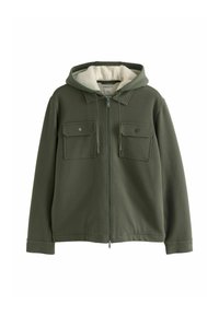 Žalias zip-up džemperis su pūkuota vidine danga, dviem krūtinės kišenėmis, reguliuojamu raiščiu ant galvos ir švelniu paviršiumi.