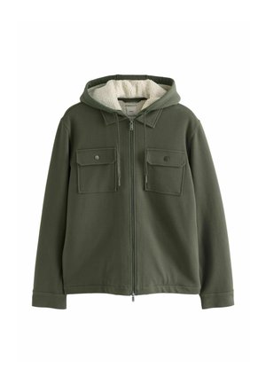 Zielona bluza z zamkiem błyskawicznym, z puszystym wnętrzem, dwoma kieszeniami na piersi, regulowanym kapturem z sznurkiem i miękką strukturą.