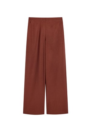Szerokie spodnie w intensywnym kolorze rdzy, wykonane z gładkiego materiału. Posiadają boczne kieszenie oraz czysty, minimalistyczny design.