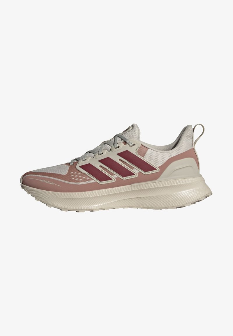 Lightweight athletic shoes with a water-repellent upper, featuring a grey mesh and soft pink accents, and three signature stripes design.